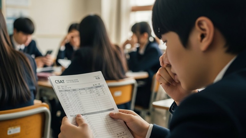 긴장된 표정으로 2026학년도 수능 성적표를 확인하고 있는 고3 수험생의 손과 교실 배경