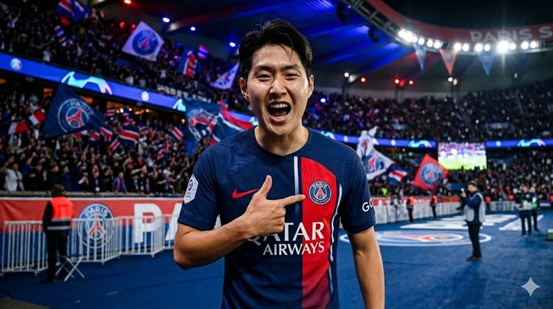 PSG 홈경기에서 낭트를 상대로 골을 넣고 환호하며 엠블럼 세리머니를 하는 이강인