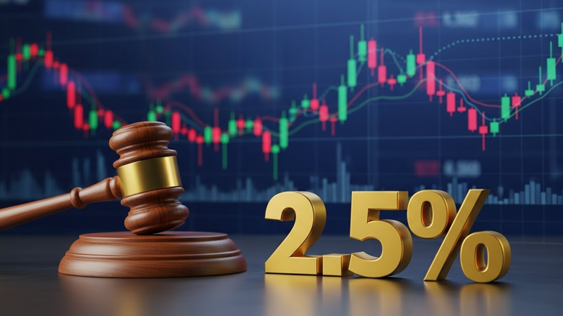 미국 연준의 기준금리 동결 결정을 상징하는 법봉과 2.5% 금리 수치가 표시된 금융 시장 데이터 그래프 배경