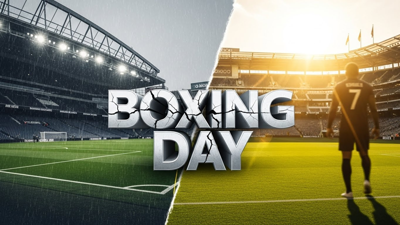 축소된 2025 EPL 박싱데이 일정을 상징하는 깨진 텍스트와 토트넘 홋스퍼 경기장의 어두운 배경 대비 밝은 LAFC 경기장 실루엣