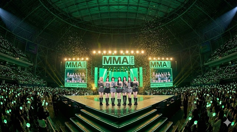 화려한 조명이 비추는 고척스카이돔 무대 위에서 트로피를 들고 환호하는 아이돌 그룹과 초록색 멜론 로고가 떠 있는 배경