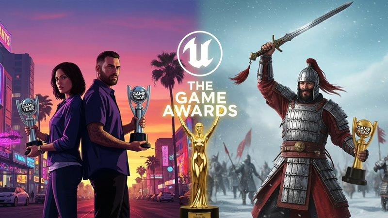 2025 더 게임 어워드에서 대상을 수상한 GTA 6 캐릭터와 액션상을 수상한 붉은사막 캐릭터가 트로피를 들고 있는 모습