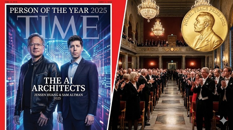2025 타임지 올해의 인물로 선정된 젠슨 황과 샘 올트먼의 모습과 12월 10일 노벨 평화상 시상식 현장을 대비하여 보여주는 뉴스 이미지