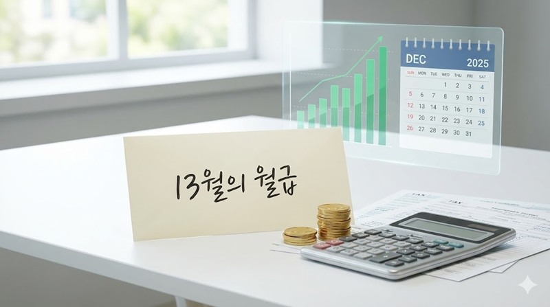 계산기와 세금 보고서 위에 놓인 금화와 13월의 월급이 적힌 봉투, 배경에는 상승하는 그래프와 국세청 로고 느낌의 아이콘