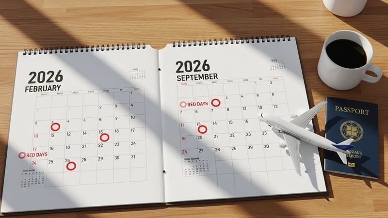 2026년 공휴일 및 황금연휴 일정이 표시된 달력과 여행을 계획하는 여권과 비행기 모형