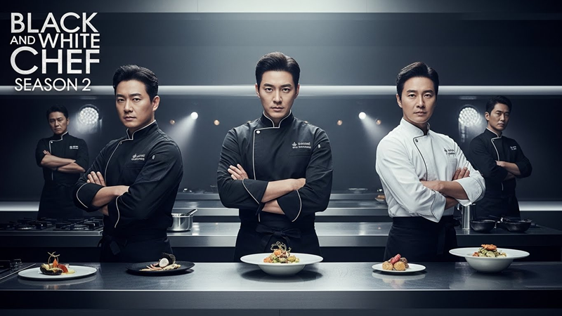 흑백요리사2 프로그램 포스터 이미지, 출연진 셰프들이 주방 세트에서 카리스마 있는 포즈를 취하고 있는 모습