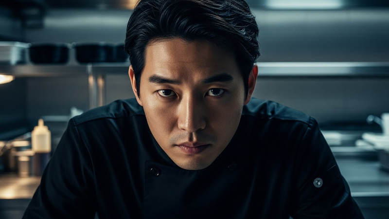 흑백요리사2 출연진 박준 셰프의 강렬한 포트레이트. 검은색 셰프복을 입고 경쟁적인 눈빛으로 정면을 응시하는 모습.