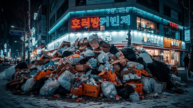 연말 명동 거리, 화려한 네온사인 아래 쌓여 넘치는 쓰레기 더미를 극적으로 클로즈업한 실사 이미지