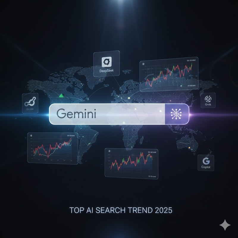 구글 검색창에 Gemini 라는 단어가 입력되어 있고 주변에 전 세계 검색 트렌드 상승 차트와 다른 AI 도구 아이콘이 홀로그램처럼 떠 있는 모습