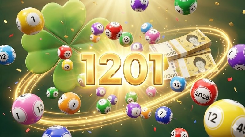 수많은 로또 번호 공들이 공중에 떠 있고, 중앙에 황금빛 '1201회' 텍스트와 1등 당첨을 기원하는 네잎클로버 이미지