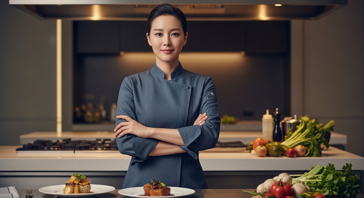 전직 아이돌 리아가 현대적인 주방에서 파란색 셰프복을 입고 자신감 있게 서 있는 모습. 그녀의 뒤로는 고급스러운 요리들이 희미하게 보인다.