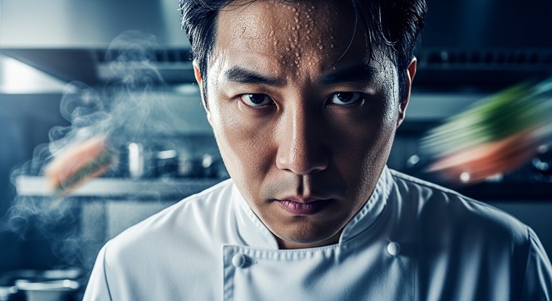 뜨거운 승부욕을 가진 박준 셰프가 '흑백요리사2' 주방에서 집중하며 카메라를 응시하는 모습