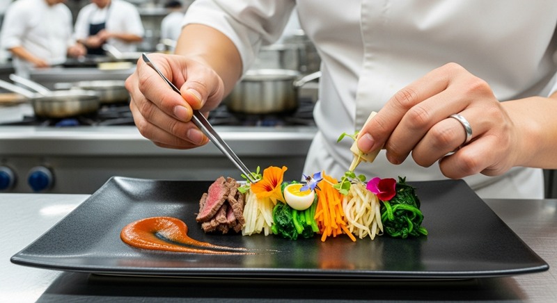 박준 셰프가 고급스러운 한식 파인 다이닝 요리를 섬세하게 플레이팅하는 손의 클로즈업