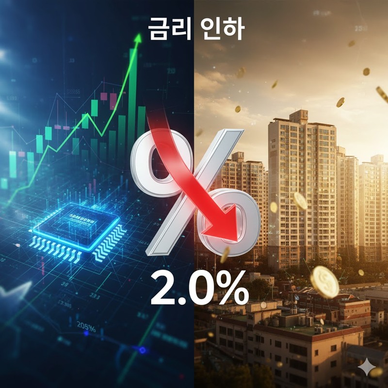한국은행 기준금리 2.0% 인하 발표와 함께 상승하는 삼성전자 주가 그래프와 서울 아파트 단지 전경, 금리 인하 경제 효과 인포그래픽