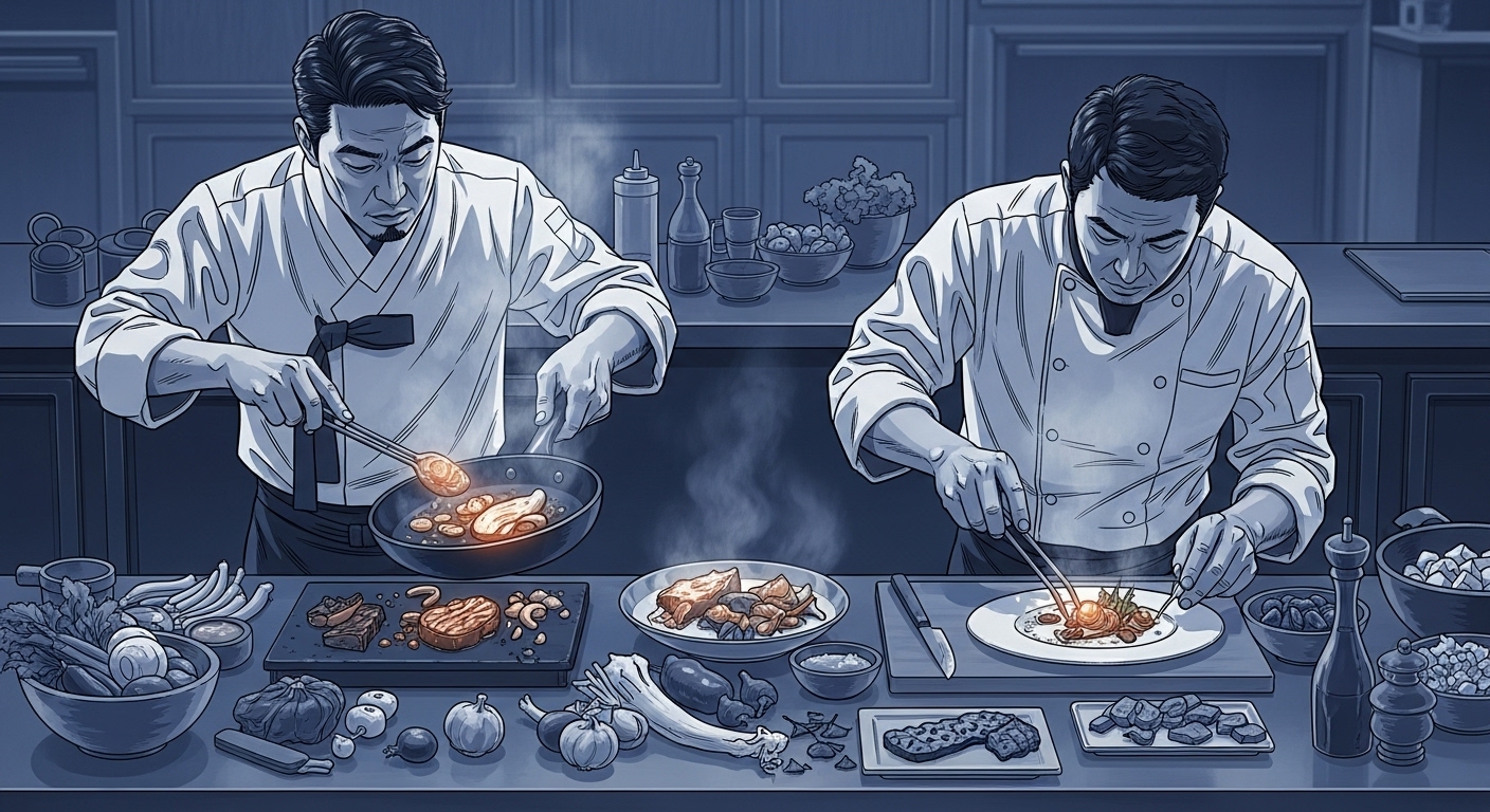 흑백요리사2 프로그램 이미지, 출연진 셰프들이 주방 세트에서 요리를 하고 있는 모습