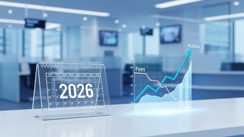 2026년 새해 금융제도 변화를 나타내는 미래지향적 달력과 상승하는 금융 그래프 이미지