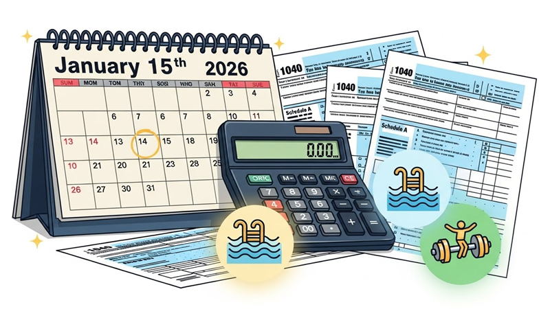 2026년 연말정산 간소화 서비스 일정 달력과 계산기, 수영장 및 헬스장 아이콘이 포함된 일러스트