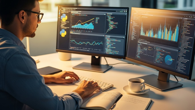 전문적인 분위기의 사무실에서 듀얼 모니터를 보며 데이터 분석을 공부하는 모습, 화면에는 복잡한 그래프와 코드가 떠 있고 책상 위에는 커피와 필기구가 정돈된 사진