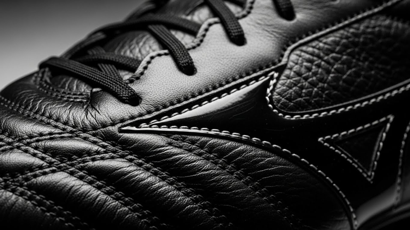 미즈노 모렐리아 네오 축구화의 검은색 캥거루 가죽 질감을 클로즈업한 사진으로 유연한 가죽 표면과 정교한 스티칭 디테일이 돋보이는 모습