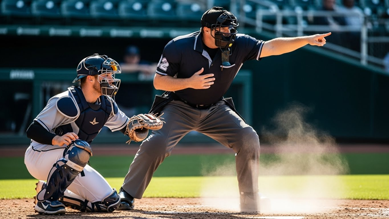 야구장 포수 뒤에서 마스크와 보호 장비를 착용한 구심이 역동적인 자세로 스트라이크 콜을 외치는 장면, 흙먼지가 살짝 날리는 생동감 있는 모습)