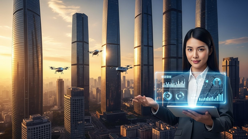 2026년 미래 도시를 배경으로 태블릿을 들고 건물을 분석하는 전문 부동산 자산 관리사의 모습