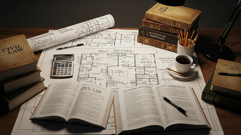 책상 위에 주택관리사 민법, 회계원리 등 두꺼운 수험서와 공학용 계산기, 그리고 아파트 도면이 펼쳐져 있고 열정적으로 공부한 흔적이 보이는 노트 필기 이미지