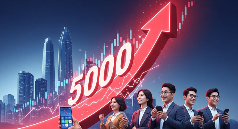 코스피 5,000 시대를 향해 상승하는 빨간색 화살표와 환호하는 개미 투자자들의 모습, 배경에는 여의도 증권가와 상승 그래프가 겹쳐져 있음