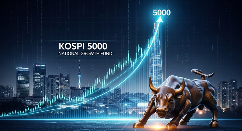코스피 5,000시대 전망을 나타내는 상승 그래프와 국민성장펀드 로고가 있는 금융 이미지