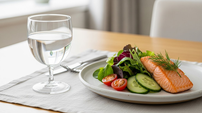 Conceptual image of mindful eating showing a glass of water and a small plate with fresh food