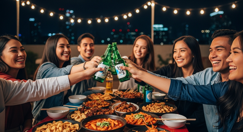 A lively scene of young Filipino people enjoying a party with green soju bottles, representing the Philippines Soju craze and K-Food popularity.