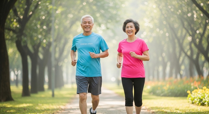 100세 시대 맞춤형 운동법을 실천하며 공원에서 밝게 웃으며 조깅하는 건강한 노부부의 모습