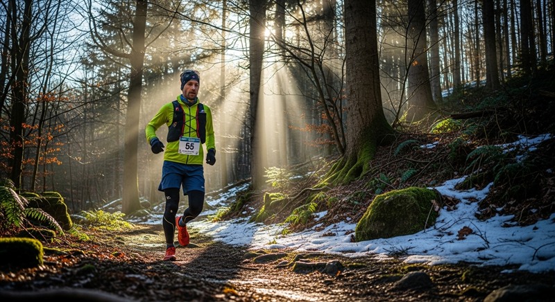 2월 야외 활동으로 추천하는 트레일 러닝 입문자가 숲길을 달리는 역동적인 모습