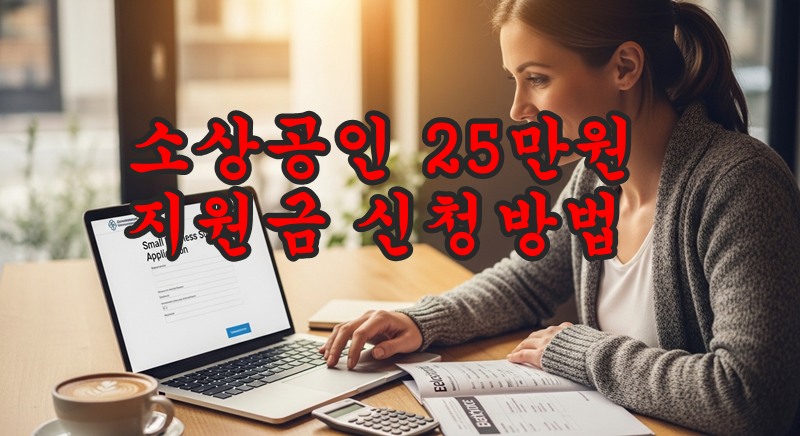 소상공인 25만원 지원금 신청 화면과 전기요금 고지서를 들고 있는 사업자의 모습, 매출액 6000만원 이하 자격 조건 명시