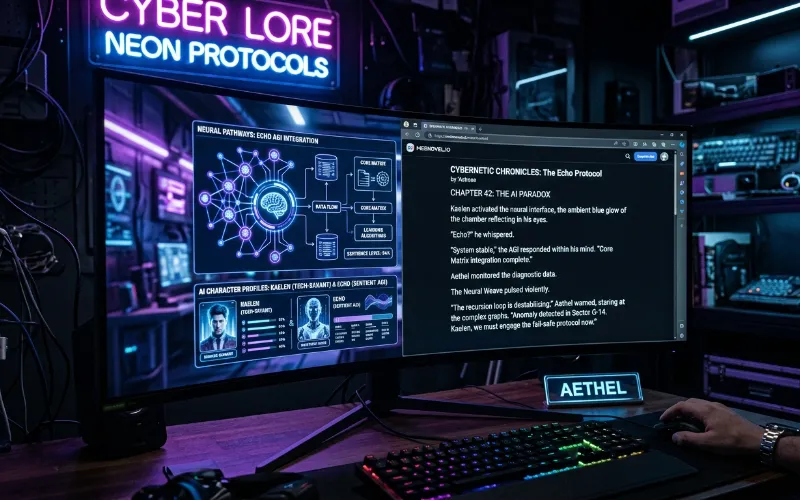 AI 웹소설 - 컴퓨터 화면에 나타난 웹소설 플롯과 AI 관련 그래픽의 조합