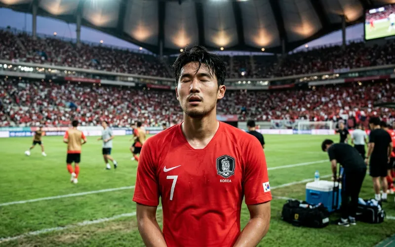 경기 전 긴장 완화를 위해 깊은 숨을 쉬며 마음을 가다듬는 선수의 차분한 모습
