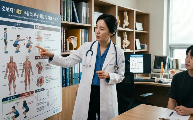 의사가 헬스 초보 3대 운동의 위험성에 대해 설명하며 차트를 가리키는 모습