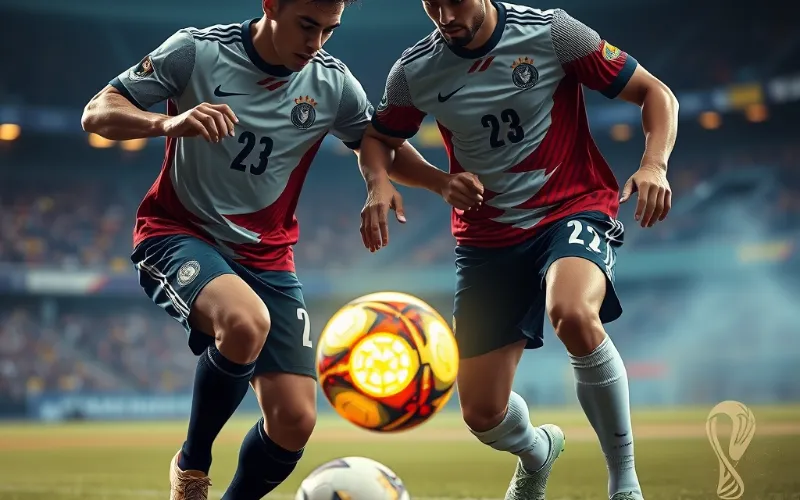 최신 축구 장비를 착용하고 경기장에서 역동적으로 공을 드리블하는 축구 선수의 모습
