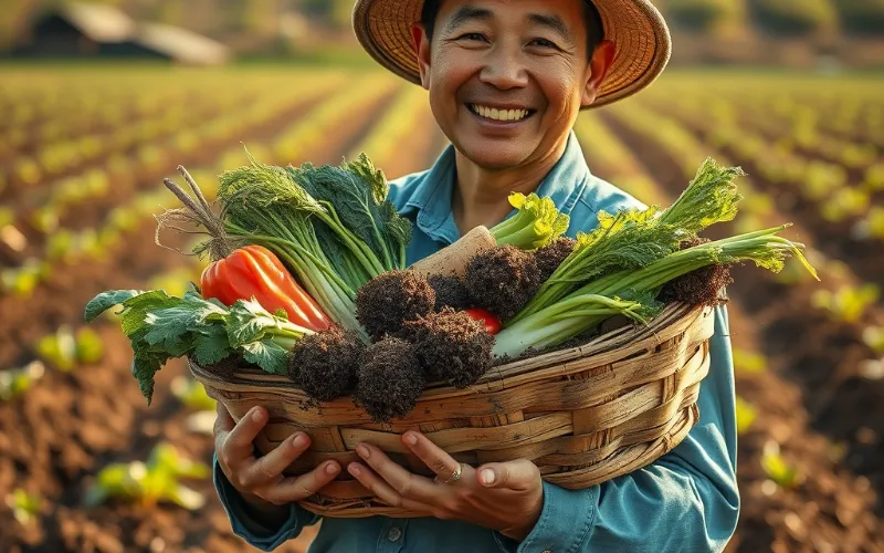 햇살 가득한 농장을 배경으로 나무 테이블 위에 신선한 토마토, 당근, 브로콜리 등 다양한 유기농 농산물이 바구니에 풍성하게 담겨 있는 모습