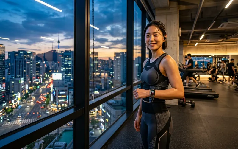 화려한 도시 불빛 아래 야외 풋살장에서 패스를 주고받으며 2026년 운동 트렌드를 즐기는 동호인들의 활기찬 모습
