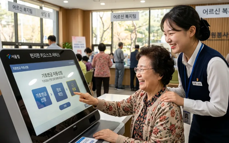 정부 서류 더미 위에 놓인 손과 펜, 2026년 기초연금 자동 신청으로 간소화된 행정 절차를 상징