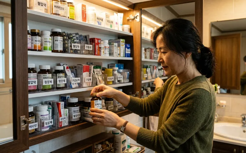 약 보관 방법 - 의약품을 안전하게 보관하는 방법을 설명하는 그림입니다. 약을 전용 약통에 보관하고 직사광선 아래 놓지 않는 등 약 안정성을 유지하는 방법을 나타냅니다.