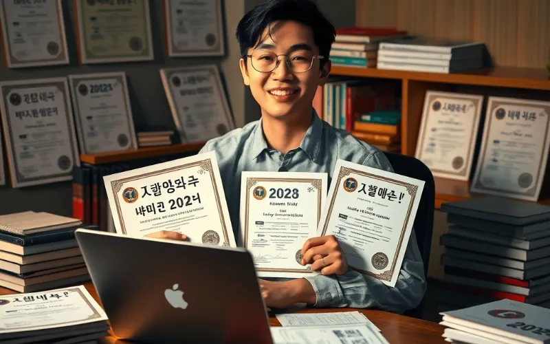 자격증 취득을 위한 공부에 열중하는 중장년의 열정적인 모습