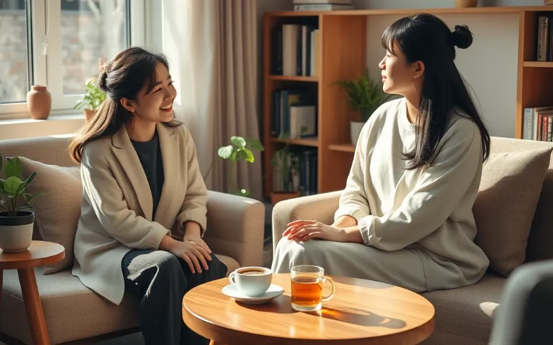 심리상담을 통해 마음의 평화를 얻은 듯한 사람의 편안한 모습과, 국가 지원 바우처를 상징하는 부드러운 빛과 추상적인 지원 요소들이 조화롭게 표현된 이미지.