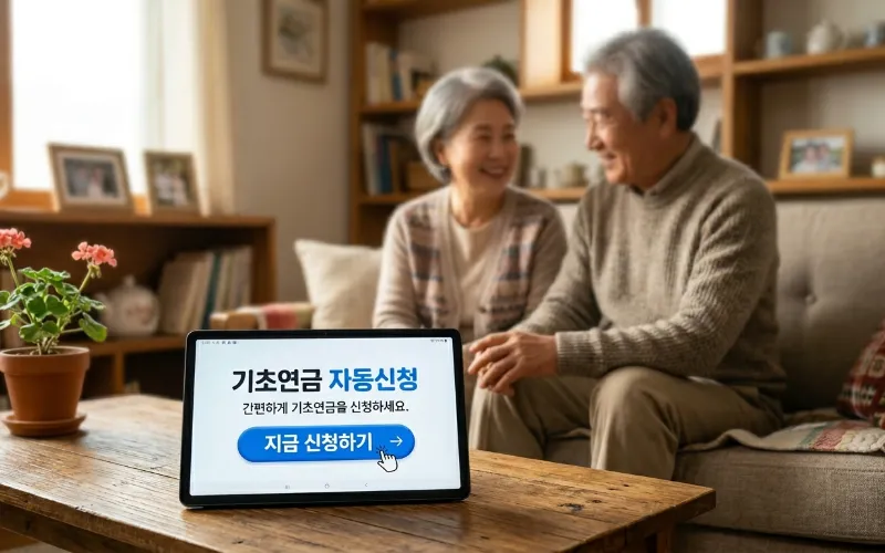 따뜻한 햇살이 비치는 거실에서 편안하게 미소 짓는 노부부의 모습, 2026년 기초연금 자동 신청으로 더 행복해진 일상