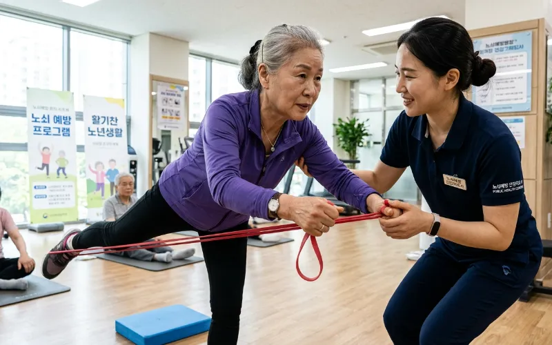 보건소 노쇠예방관리 디지털 서비스를 이용하기 위해 스마트폰 화면을 보며 모바일 건강 앱을 조작하는 어르신
