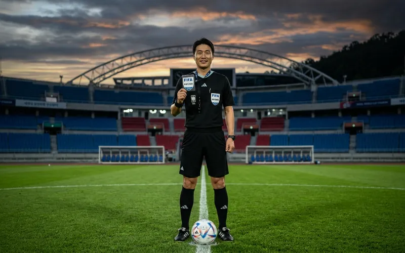 축구 심판 자격증 - 푸른 잔디밭에서 훈련 중인 축구 심판들의 역동적인 모습과 심판 기구