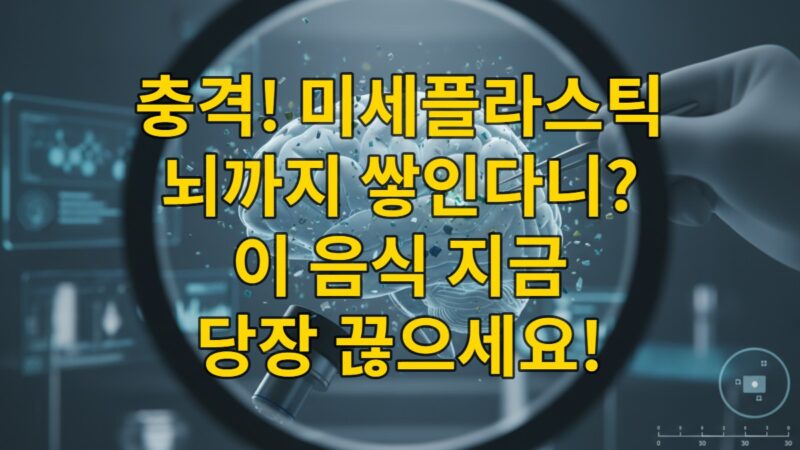 미세플라스틱 조각들이 인간 뇌 내부로 침투하여 신경계에 영향을 미치는 모습을 형상화한 이미지. 미세한 플라스틱 입자들이 뇌 조직 곳곳에 퍼져 있는 모습.