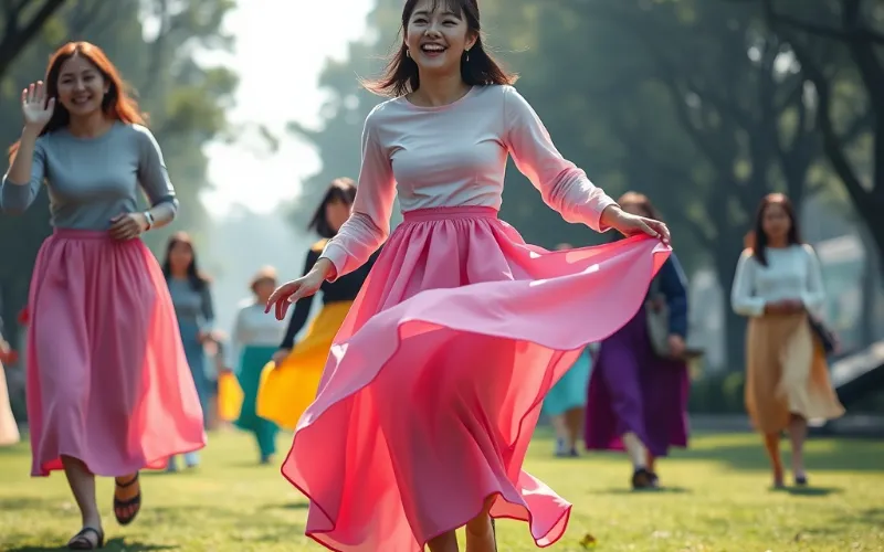여름 롱스커트를 입고 야외에서 즐거운 시간을 보내는 하체 통통족의 모습