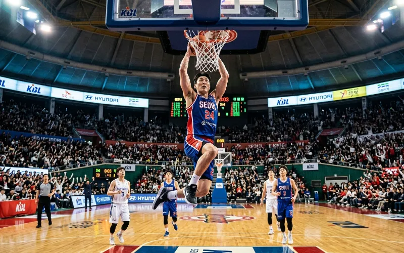농구 코트에서 강력하게 점프하여 덩크슛을 시도하는 선수의 역동적인 모습. 점프력 향상 운동의 효과를 보여준다.