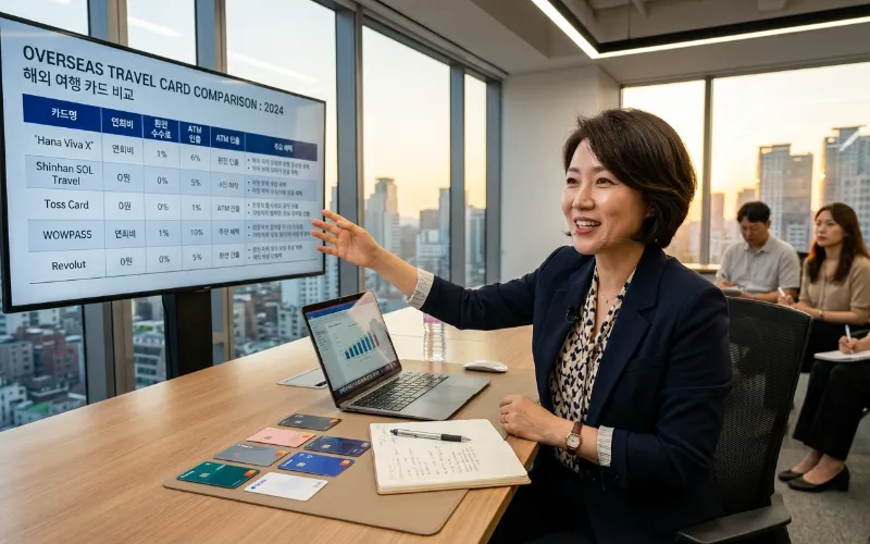 해외여행 카드 추천 - 여러 개의 해외여행 카드가 비교된 표와 함께 설명하는 전문가의 모습